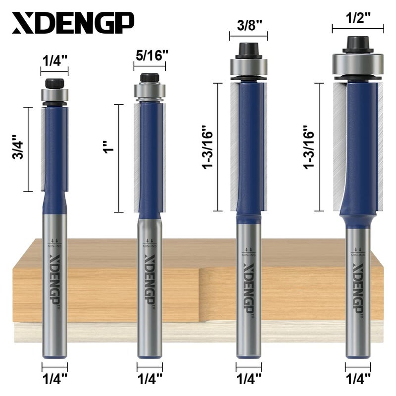 XDENGP 4Pcs Flush Trim Router Bits Set 1/4 Inch Shank, Bottom Bearing Flush Cut Trim Router Bit for Woodworking, Cutting Diameter: 1/4", 5/16", 3/8", 1/2" - Image 2